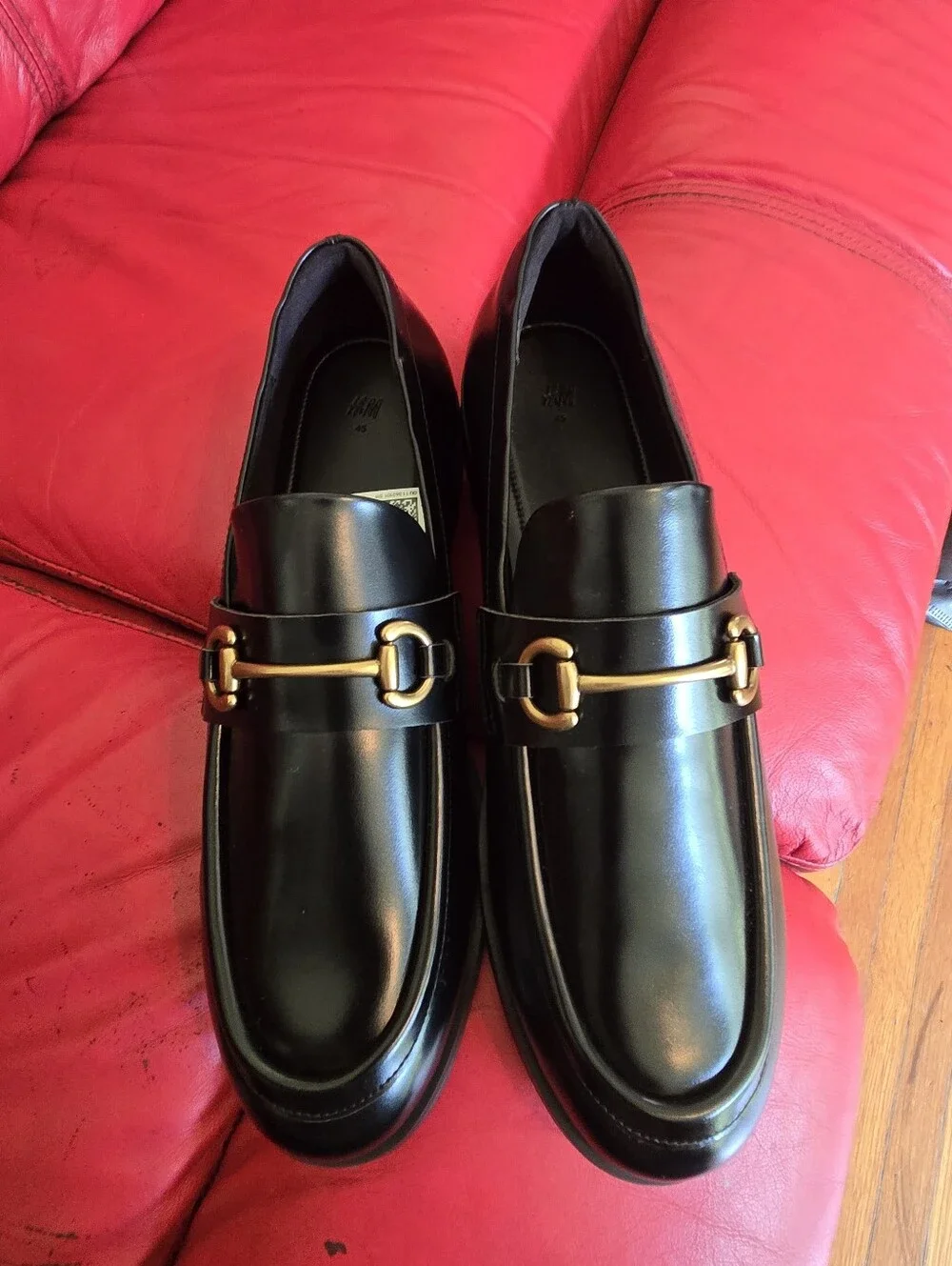 H&M Black Leather Loafers with Gold Hardware